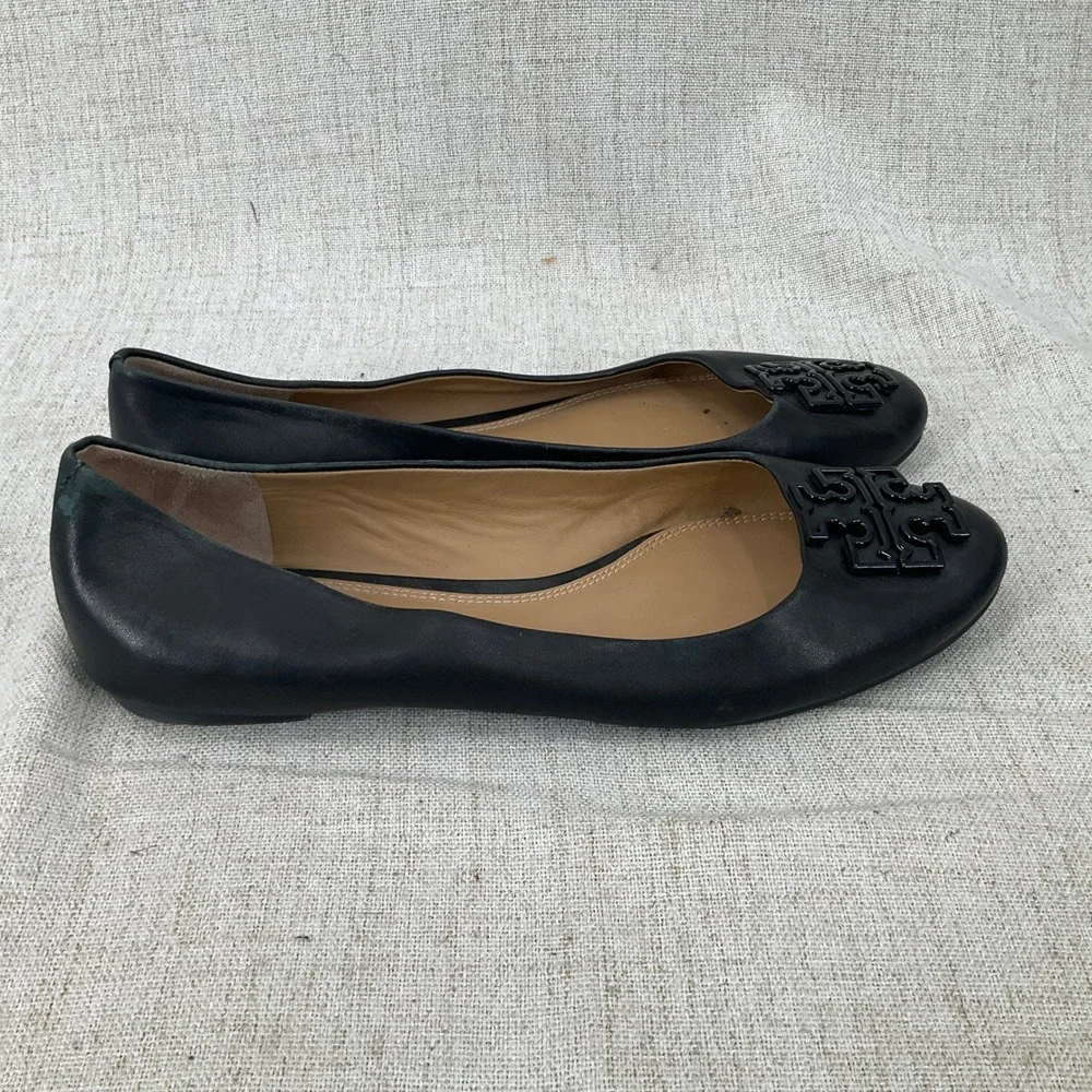 Tory Burch Claire Ballet Flats Women 9 Black Leather Enamel Logo Classic Luxury